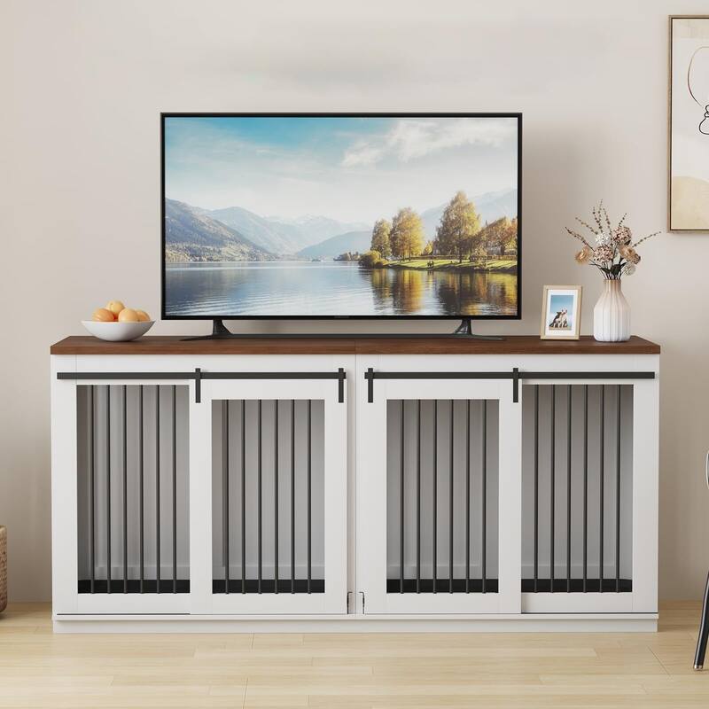 71'' Dog Crate Furniture for 2 Dogs - White+Dark Walnut