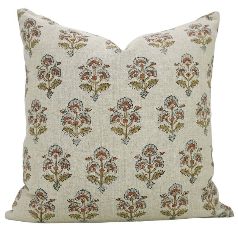 Fabdivine Polka Dots Grey Pure Linen Cushion Cover Soft, 12x20 Inches Handmade Block Print Bedroom or Farmhouse Décor, Shivri - Pillow Covers - Traffic Light- Blue, Brown - 26" x 26"