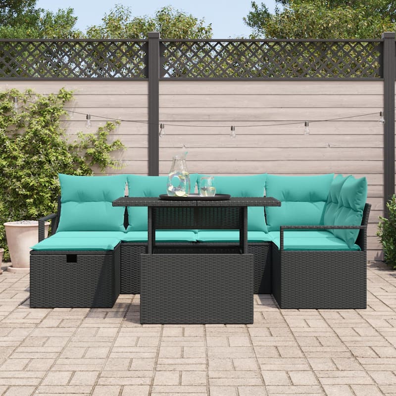 vidaXL 7 Piece Garden Sofa Set with Cushions Black Poly Rattan - 91.3×48×27.2