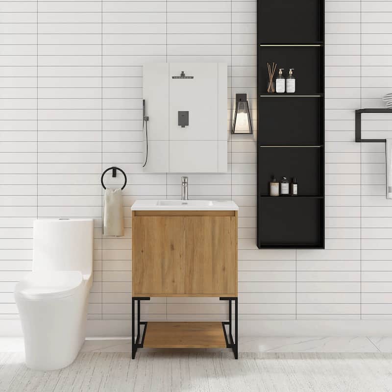 Freestanding Bathroom Vanity Set in Oak with Integrated Solid Surface Sink