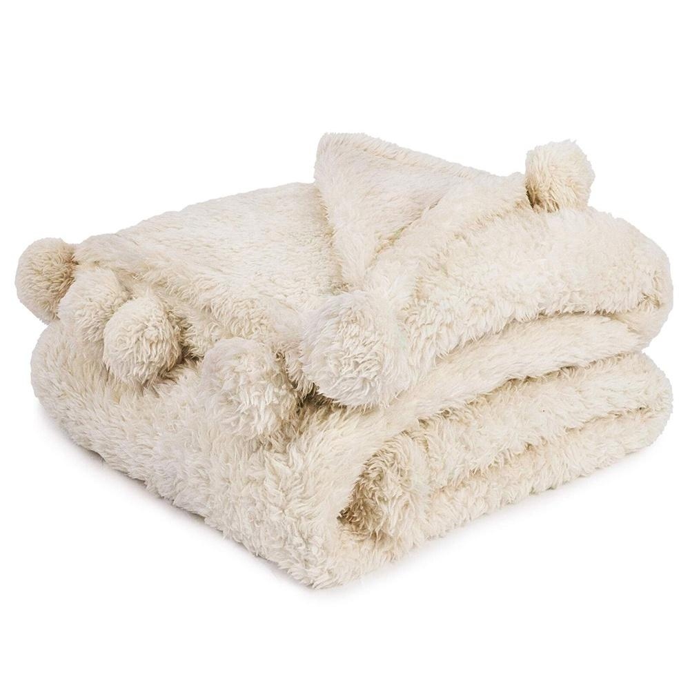 50 x 60 Sherpa Throw Blanket with Soft Pom Pom Fringe Ivory 60 x 50
