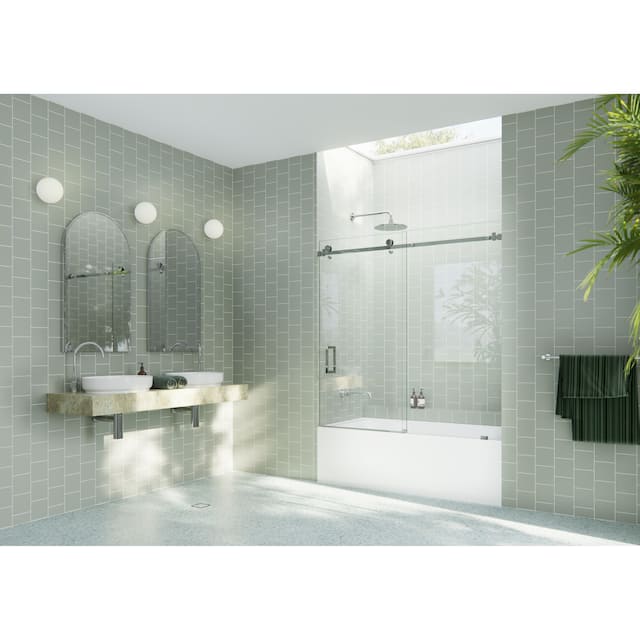 Glass Warehouse 56 in. - 60 in. x 60in. Frameless Bath Tub Sliding Shower Door with Square Hardware - Polished Chrome