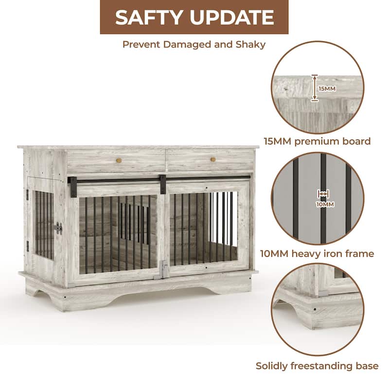 Furniture Style Dog Crate with Divider, Storage Drawers and 3 Doors