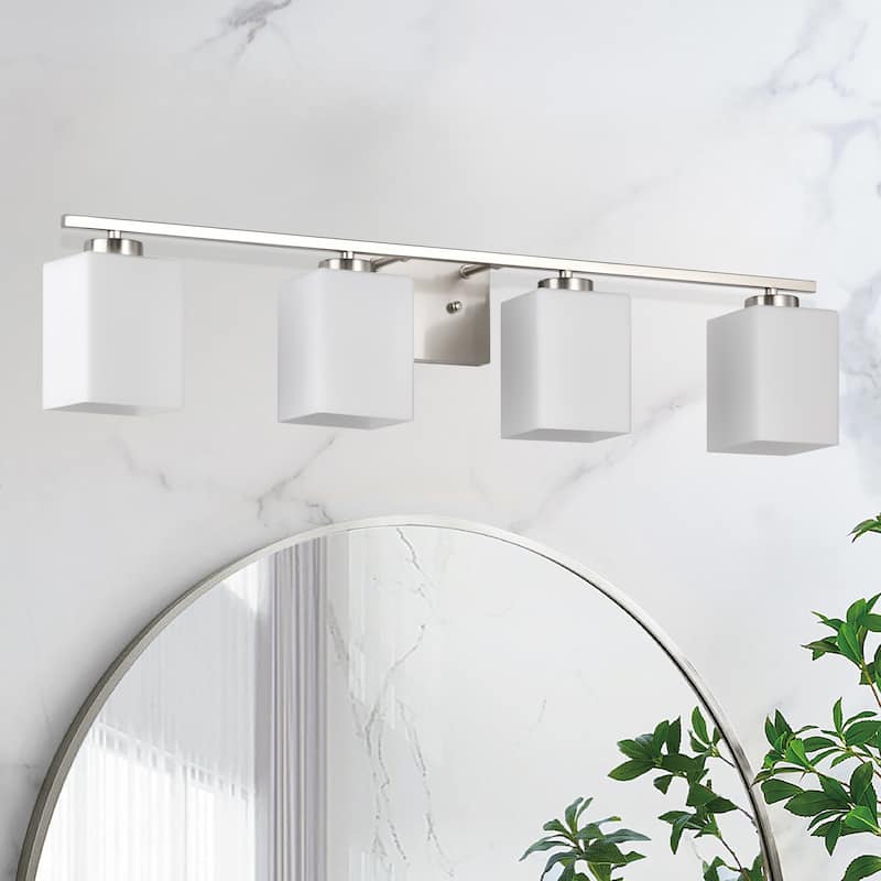 Brushed Nickel Indoor Bathroom Vanity Lights with Etched White Glass Square Rectangle Shades