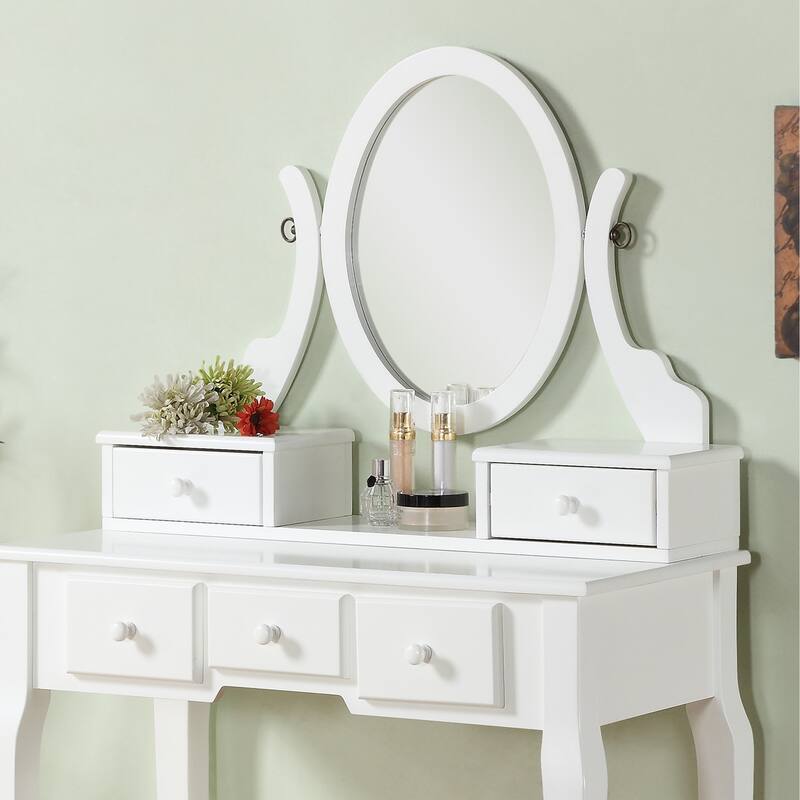 Wood Make-Up Vanity Table and Stool Set for Bedroom, White