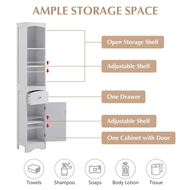 Roomfitters Tall Bathroom Cabinet Freestanding Storage with Drawer Adjustable Shelf and MDF Structure