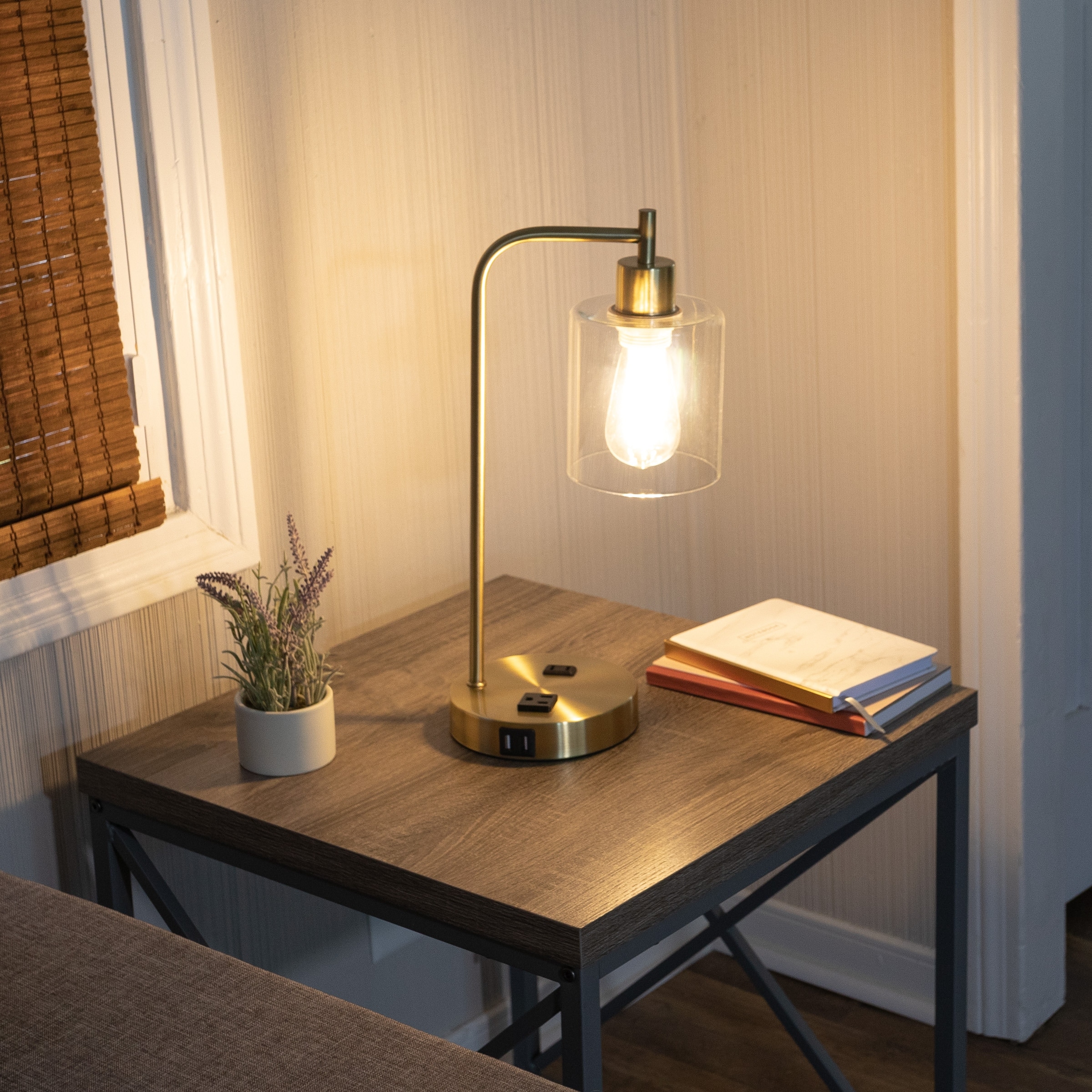 Lavish Home Set of 2 Lamps with USB Ports Touch Control LED Bulbs Gold