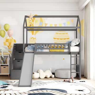 Twin Size High Loft Bed with Ladder and Slide, Solid Wood Playhouse Loftbed Bedframe with Storage Staircase, for Kids Teens