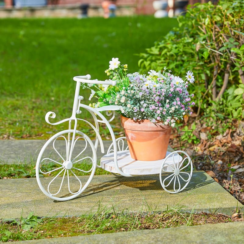 Glitzhome 24"L Spring Metal Tricycle Planter Stands Flower Pot Cart with Wood Trays - 18"L * 13"H - 1 Tier Tray-18" L-White
