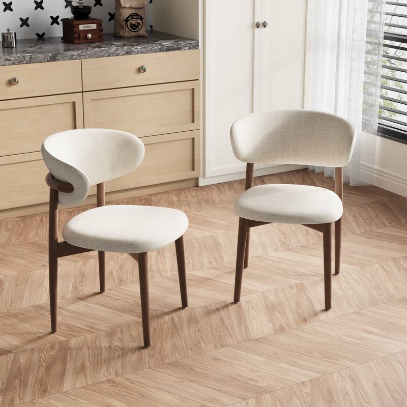Mid-Century Dining Chair, Solid Wood Legs, Kitchen Chairs with Beige Cotton & Linen Fabric, Fully Assembled