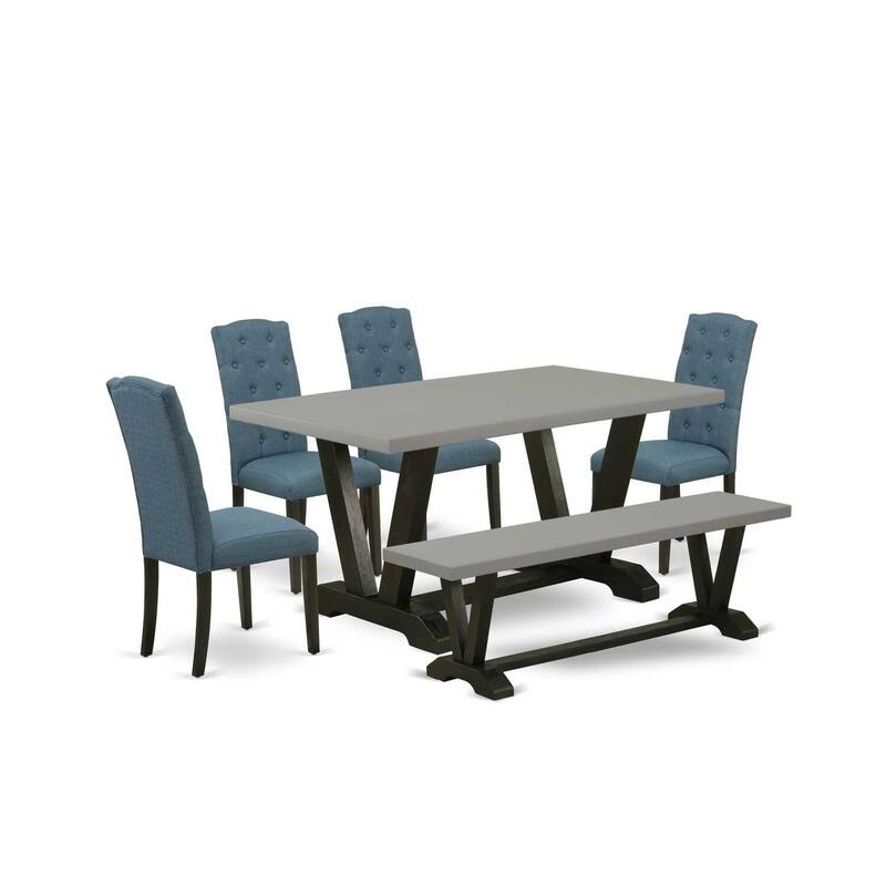 Gothic Glamour 6-Piece Dining Set - Table, Bench & 4 Modern Chairs - Black & Blue Linen Fabric