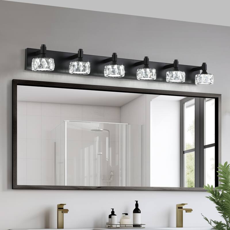 Modern 6-Light Matte Black LED Vanity Light Fixture with Crystal Glass Shades, Bathroom Wall Sconce