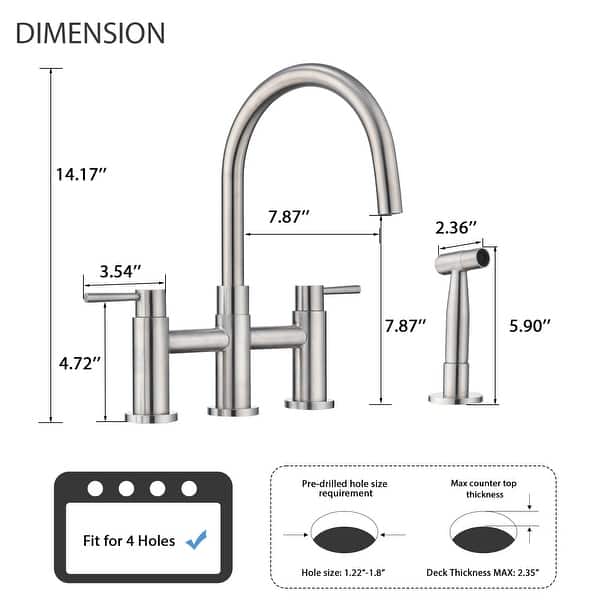 dimension image slide 2 of 3, PROOX Double Handle Bridge Kitchen Faucet with Side Sprayer