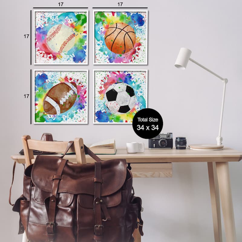 Stupell Rainbow Splatter Baseball Framed Giclee Art Design By Kim Allen (Set of 4)