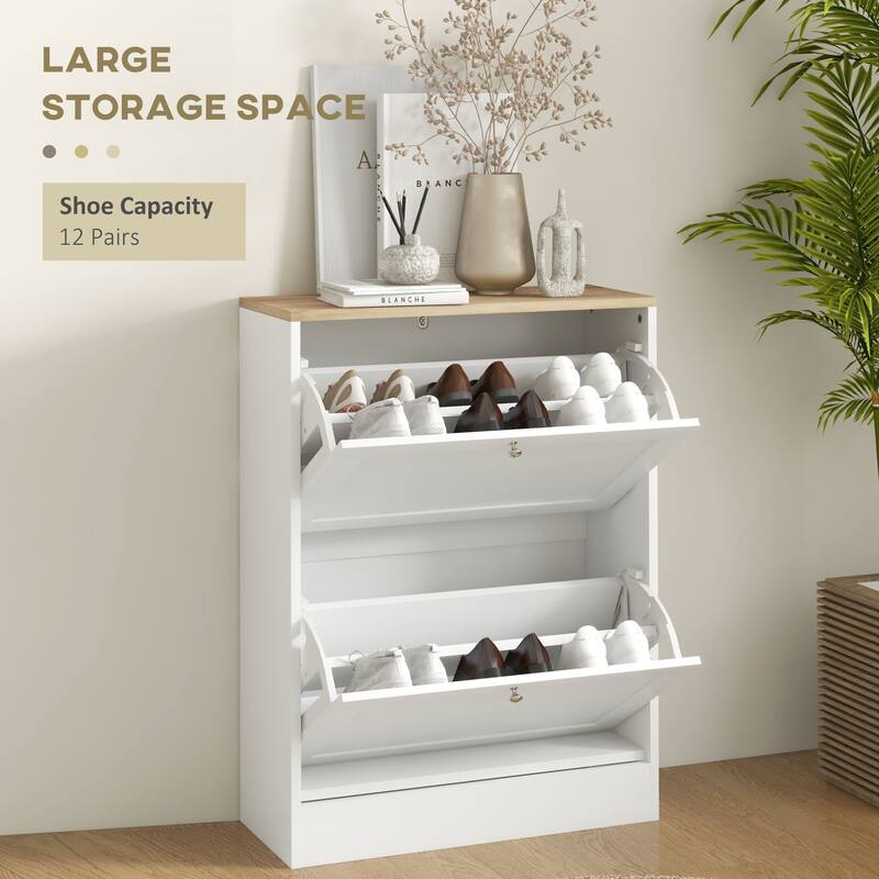 Wood Slim Shoe Cabinet with 2 Flip Drawers and Adjustable Shelves