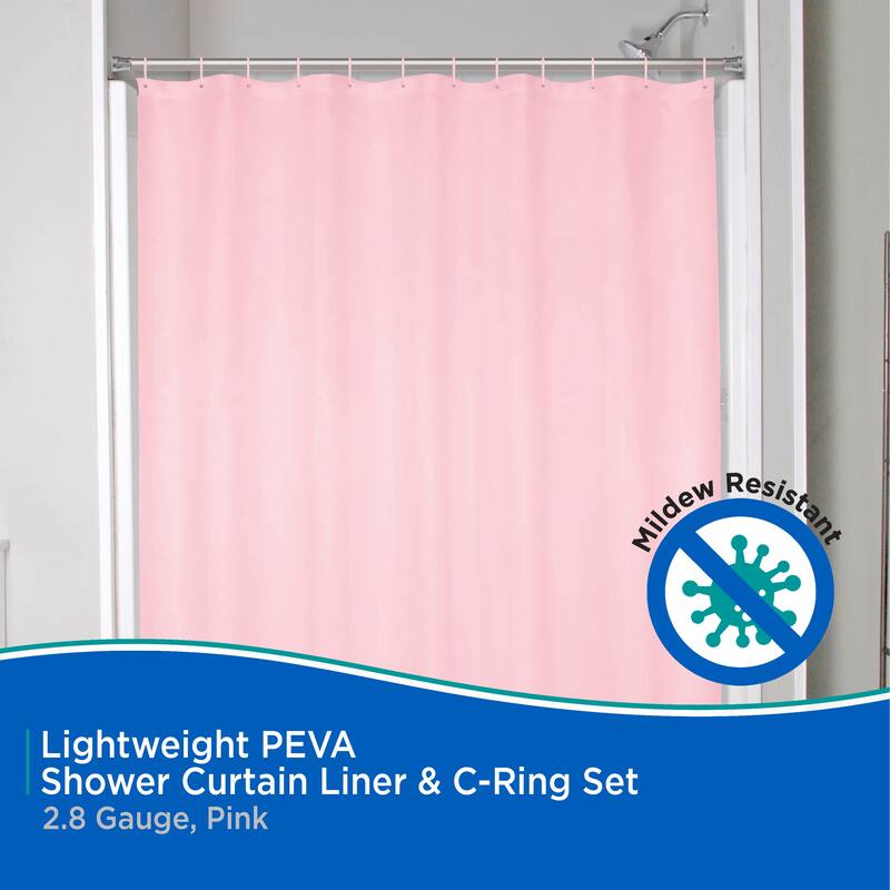 Kenney Lightweight PEVA Shower Curtain Liner and C-Ring Set, 70" W x 72" H