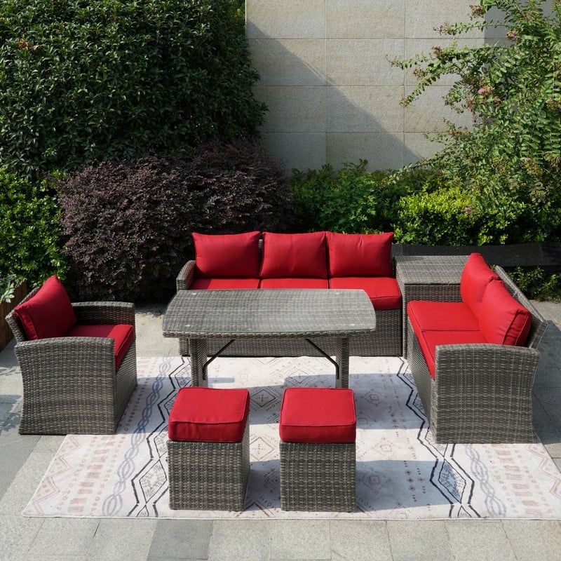 7-Piece Patio Gray Wicker Coversation Sofa Set - Red