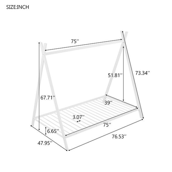 Twin House Bed for Kids, Metal Tent Bed Frame Floor Play House Bed with Slat for Girls Boys , No Box Spring Needed,White