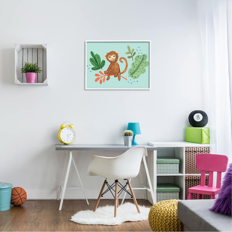 Stupell Cute Monkey Sitting Plants Leaves Illustration Framed Wall Art - Brown