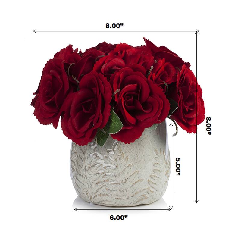 Enova Home Artificial Velvet Roses Faux Silk Flowers Arrangement in Round Tapered Ceramic Pot for Home Wedding Decoration