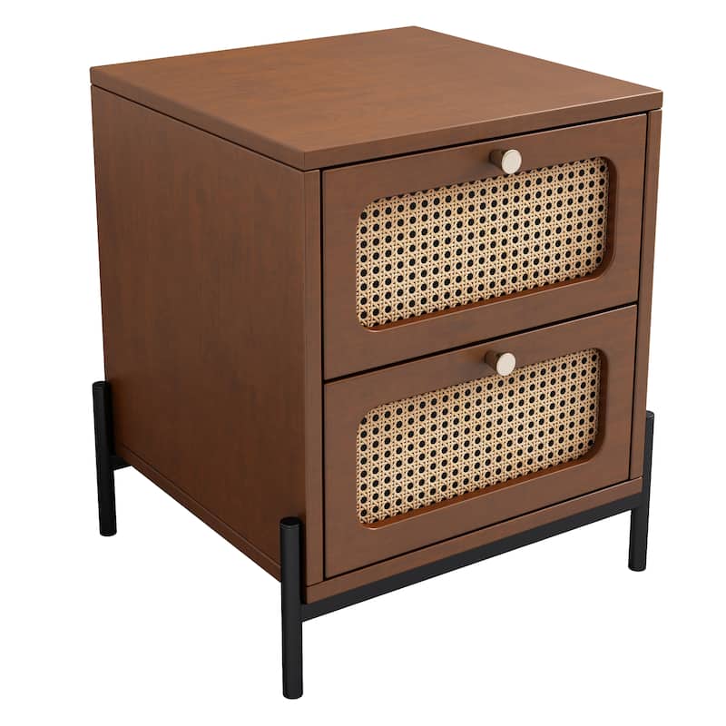 Modern Cannage Rattan Wood Closet 2-Drawer Side Table End Table Nightstand