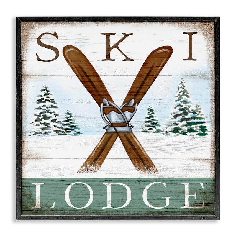 Stupell Ski Lodge Rustic Cabin Sign Snowy Tree Forest Framed Wall Art - 24 x 24 - Black