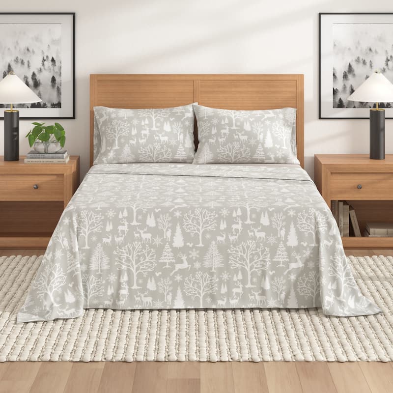 Linery & Co. Winter Turkish Cotton Double-Brushed Flannel Bed Sheet Set - California King - Enchanted Woods - Grey