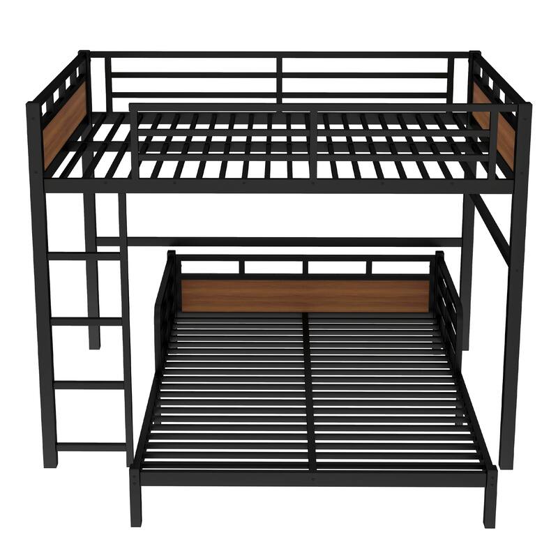 Roomfitters Queen over Queen Metal Bunk Bed, Convertible Separable Bed Frame with Safety Guardrails, Walnut