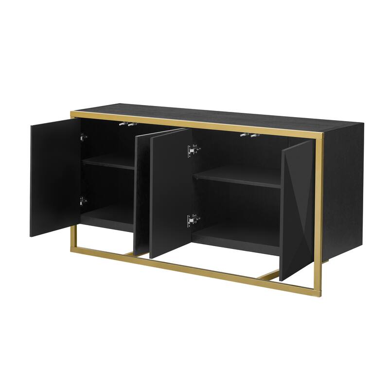 Wood Sideboard Cupboard with Adjustable Shelves, Storage Cabinet with 4 Irregular Door and Unique Metal Legs for Hallway