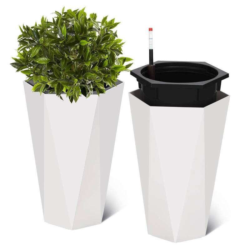 22.5" Set of 2 Self-Watering Tall Planter Pots for Patio, Porch, Garden, Indoor Outdoor - White