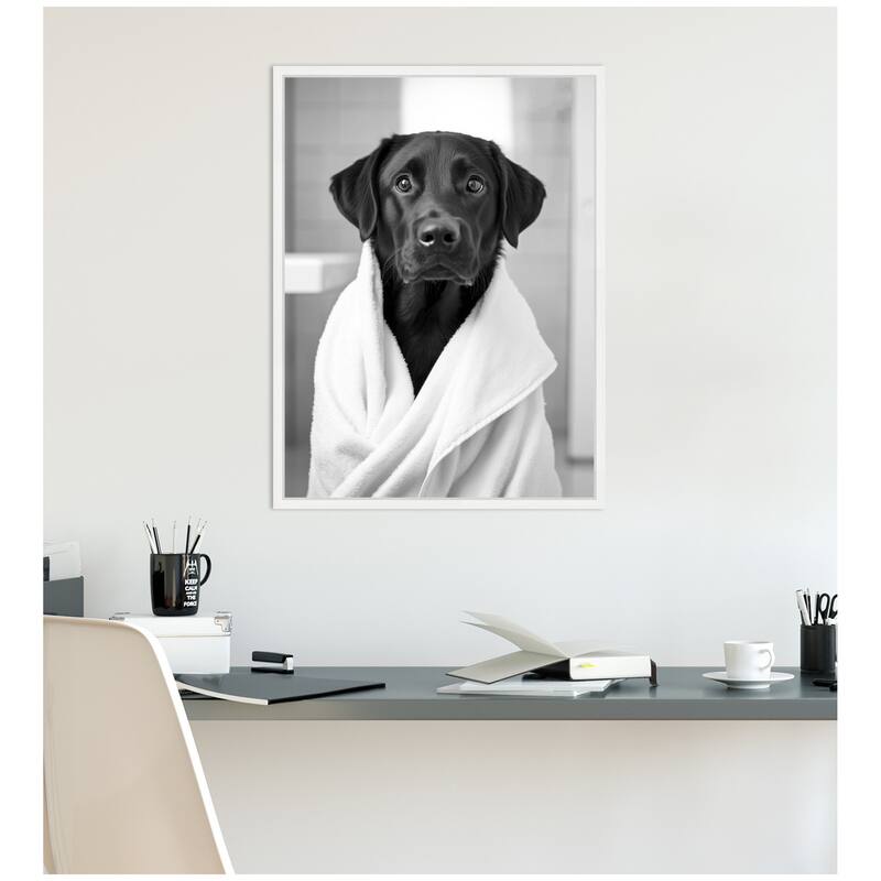 Kate and Laurel Sylvie Black Lab Bathroom Art Towel Robe Black and White Framed Canvas by The Creative Bunch Studio