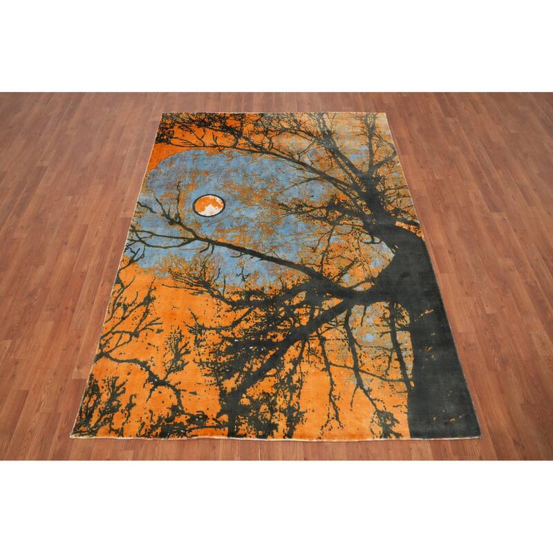 Hand Knotted Oriental Viscose Silk Carpet Modern Pictorial Oranges & Rust Abstract Area Rug - 7' 8'' X 5' 5''