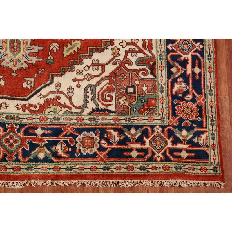 Hand Knotted Oriental 100% Wool Carpet Traditional Medallion Oranges & Rust Heriz (serapi) Area Rug - 10' 0'' X 7' 10''