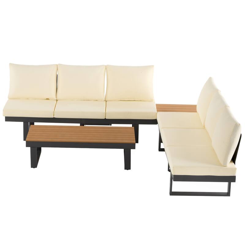 Outdoor Patio Conversation Sofa Set L-shape Sectional Sofa Set with Adjustable Reclining Seats, Coffee Table, Side Table