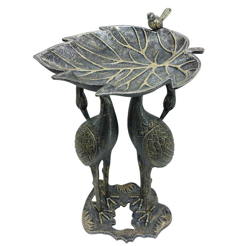 Cast Aluminum 30-in Twin Crane Bird Bath with Leaf Bowl
