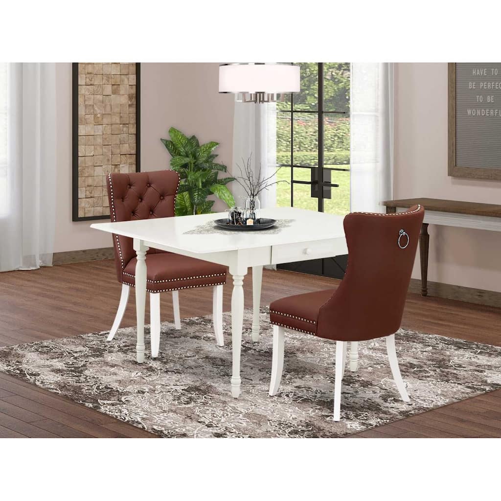 HomeStock 3-Pc Linen White Finish Rectangular Solid Wood Top with Dropleaf Dining Table Set