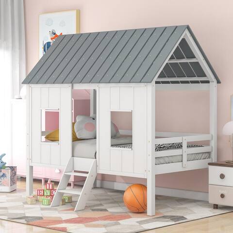 Twin Size Low Loft House Bed with Roof and Two Front Windows , White