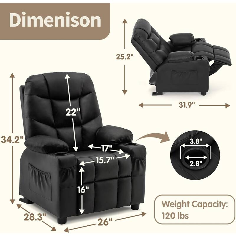 MCombo Big Kids Recliner Chair with Cup Holders - 28.3"(L)x26.0"(W)x34.2"(H)