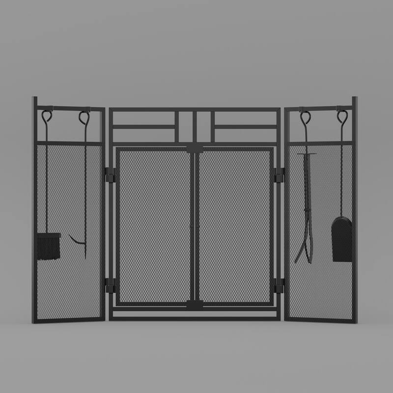 3-Panel Fireplace Screen with Doors and Tools Set, Wrought Iron Mesh Spark Guard for Indoor Fireplace Safety