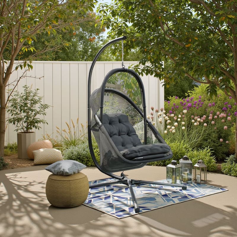 Bery Patio Hanging Swing Chair, Cushioned Dark Gray Mesh