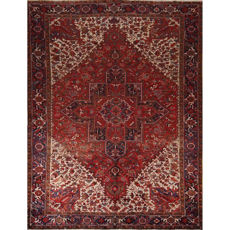 Geometric Heriz Vintage Persian Area Rug Hand-Knotted Wool Carpet - 10'4" x 12'9"