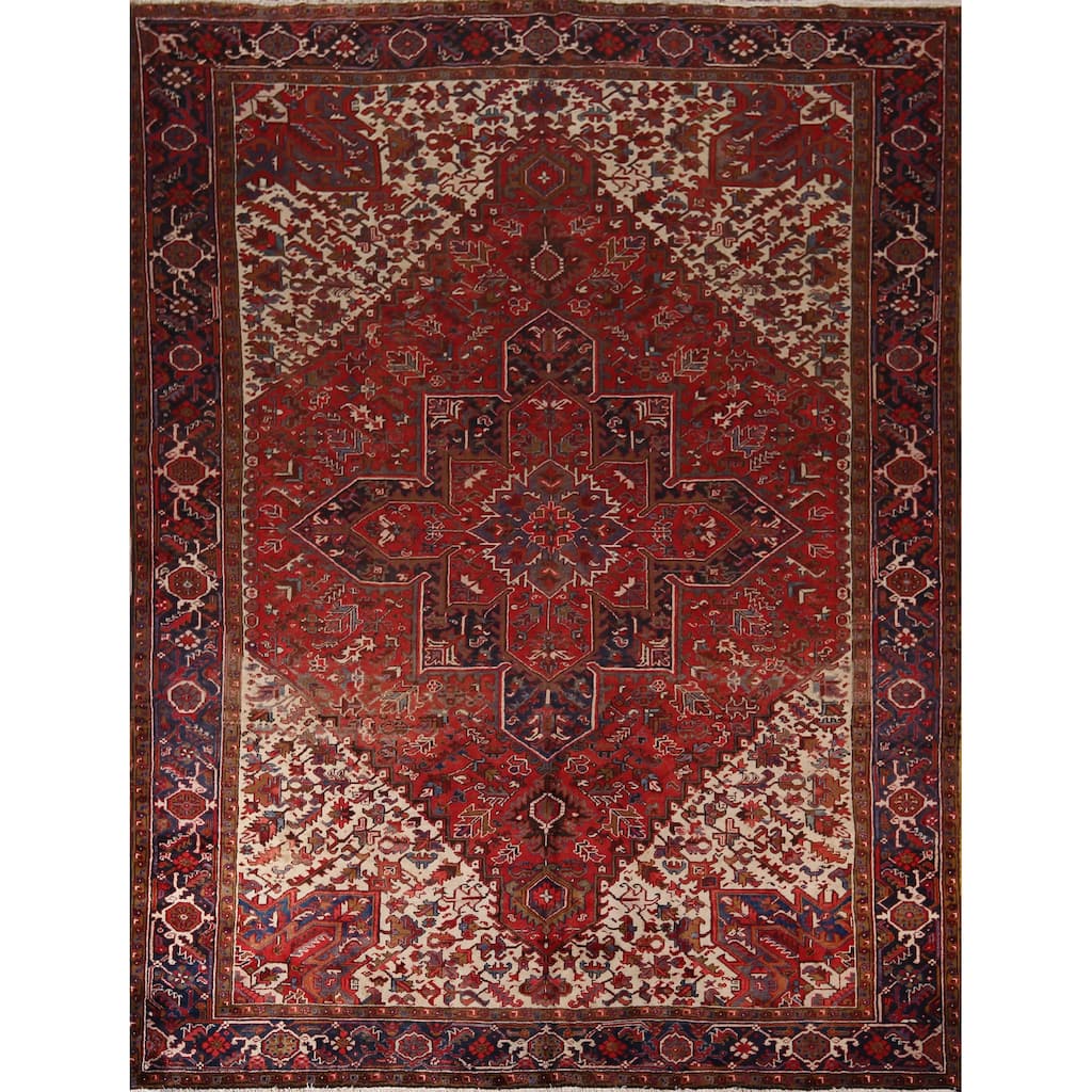 Geometric Heriz Vintage Persian Area Rug Hand-Knotted Wool Carpet - 10'4" x 12'9"