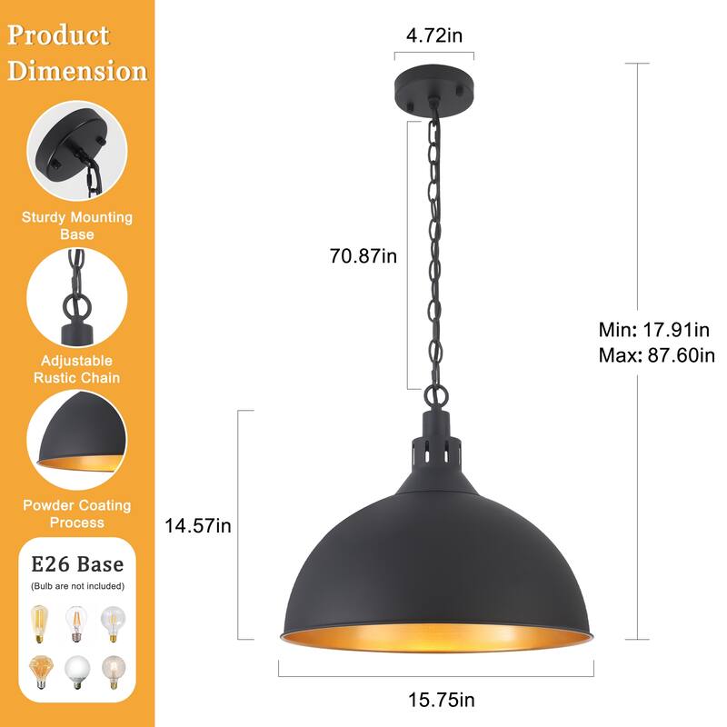 Modern Fashion Simple Black 1-Light Chandelier Height Adjustable With Metal Domed Shade