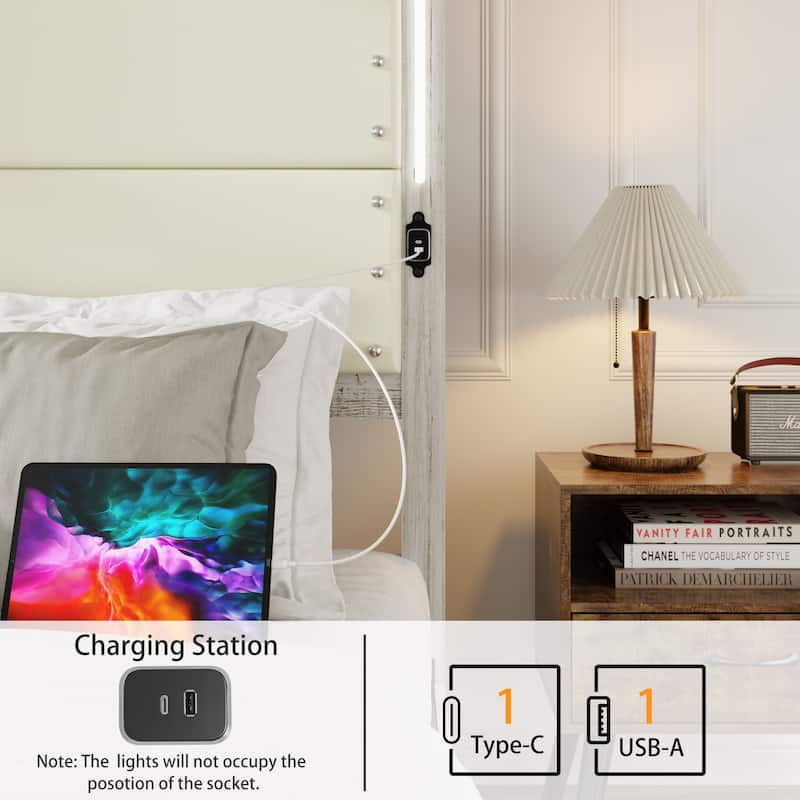 Queen Size Bed Frame with Upholstered Headboard, Storage Drawers, Charging Station, and LED Lights