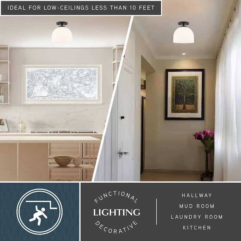 VAXCEL Shelby 1-Light 9.25 in. Wide Dome Semi Flush Mount Ceiling Lighting Fixture, Frosted White Opal Glass Shade