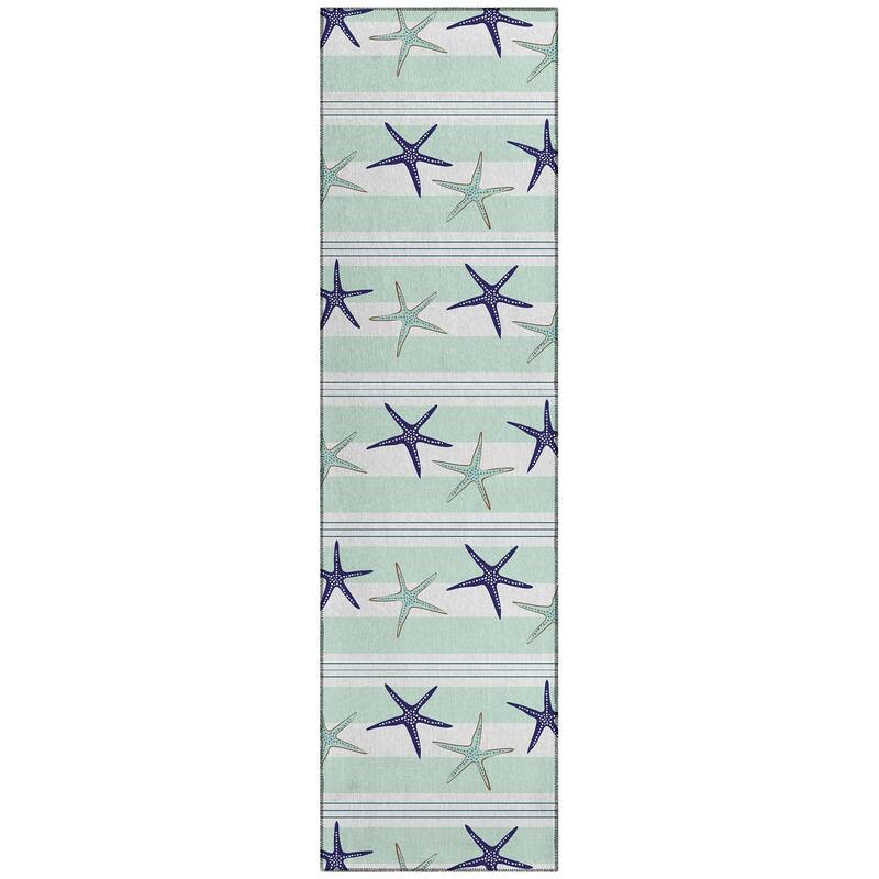Indoor/ Outdoor Surfside Starfish Stripes Washable Rug New - Seaglass - 2'3" x 7'6"