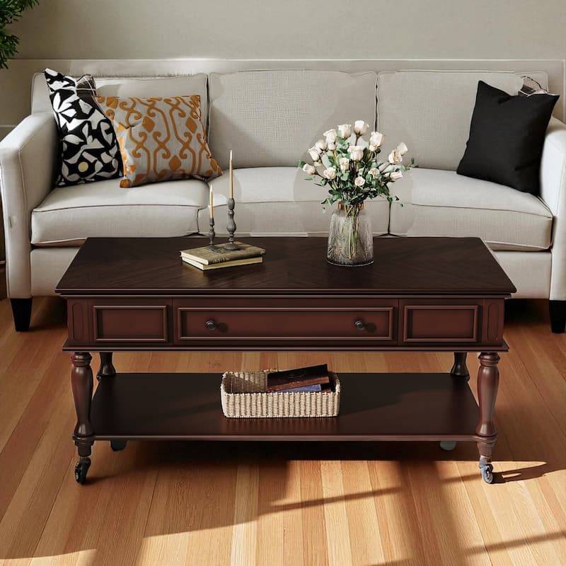 Farmhouse Coffee Table with Drawer and Shelf, 47.2" Rectangular Cocktail Table with Wheels, Rustic Wood Accent