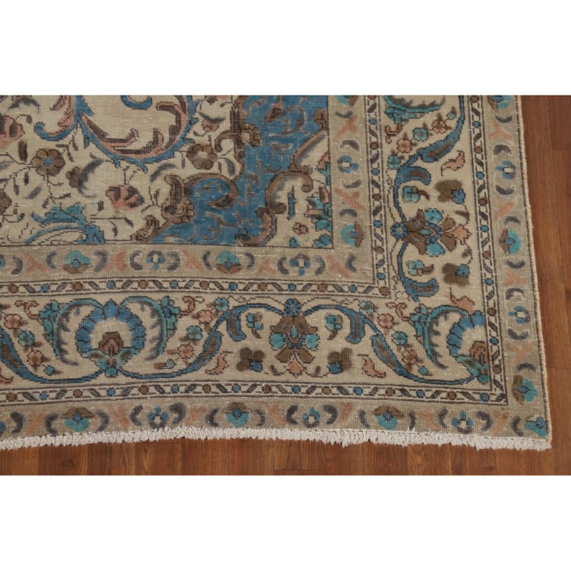 Distressed Beige Tabriz Vintage Persian Rug Hand-Knotted Wool Carpet - 7'10" x 10'11"