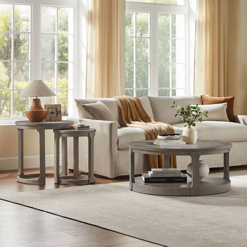 24 inch 2PCS Curved Traditional Round Circle Wooden Coffee Table Set, Mid Century Rustic Style Side Table, End Table