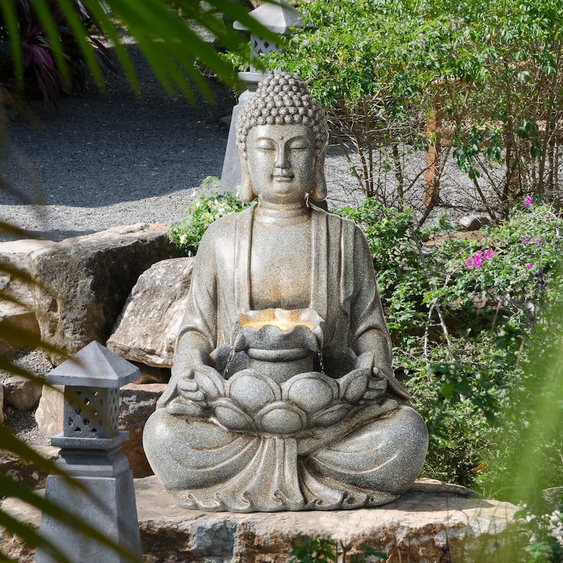 Glitzhome Polyresin Meditating Buddha Frog/Elephant Statue Outdoor Water Fountain with LED Lights